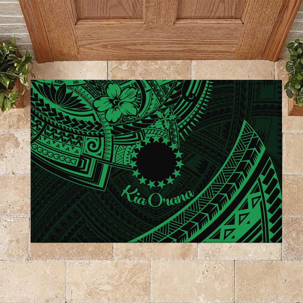 Kia Orana Cook Islands Rubber Doormat Circle Stars With Floral Green Pattern LT01 Green - Polynesian Pride