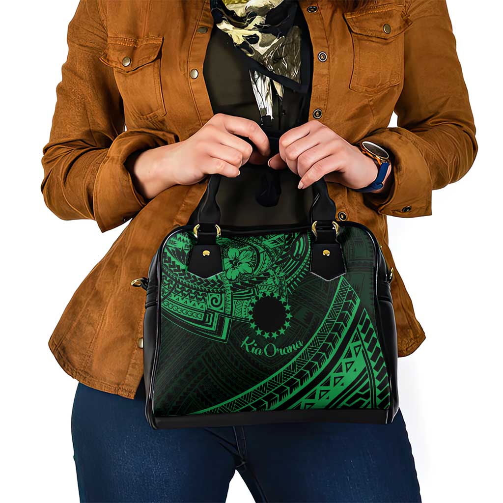 Kia Orana Cook Islands Shoulder Handbag Circle Stars With Floral Green Pattern LT01 - Polynesian Pride