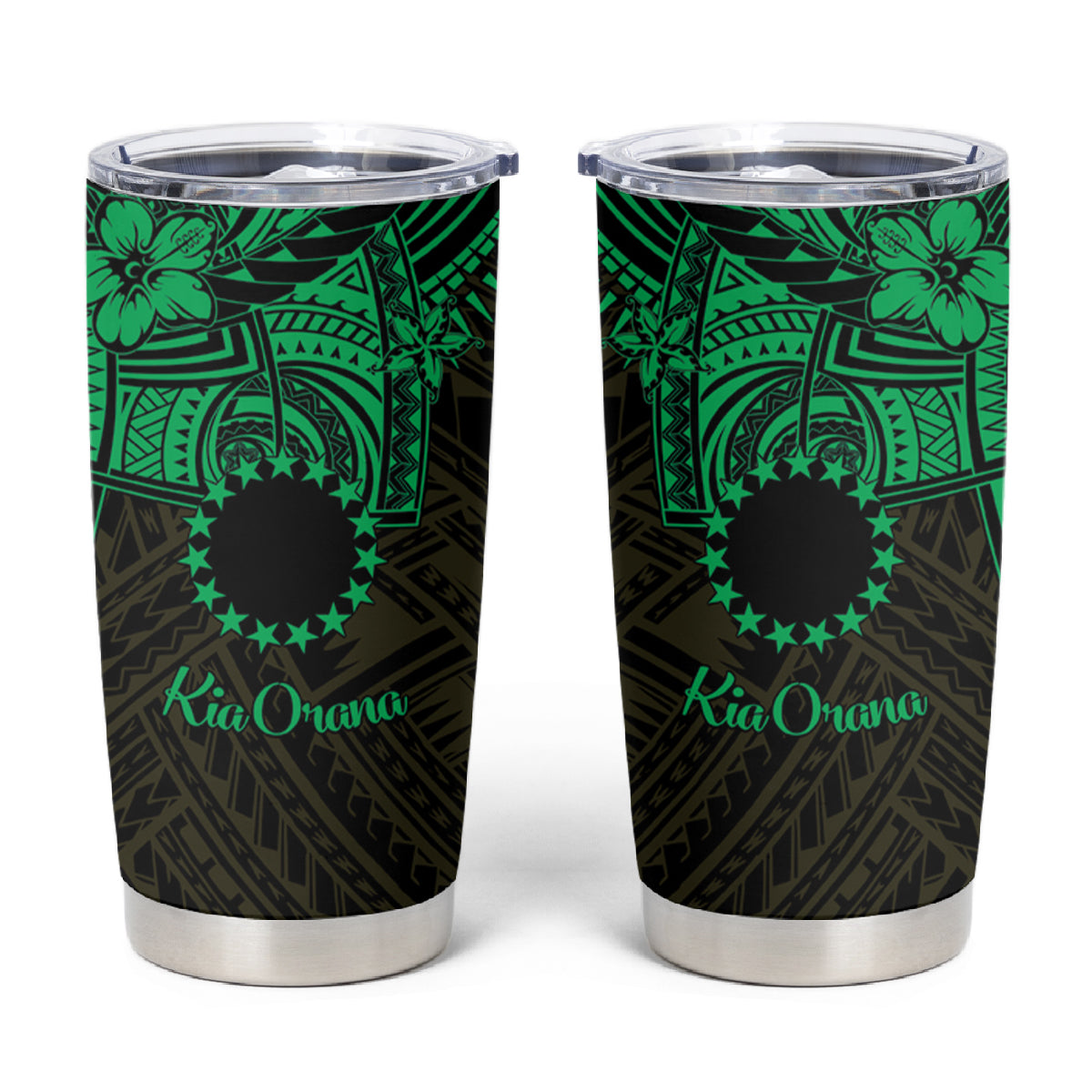Kia Orana Cook Islands Tumbler Cup Circle Stars With Floral Green Pattern LT01 Green - Polynesian Pride