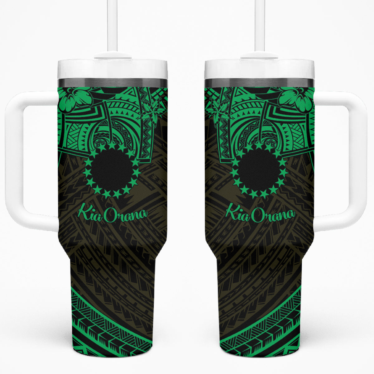 Kia Orana Cook Islands Tumbler With Handle Circle Stars With Floral Green Pattern LT01 One Size: 40 oz Green - Polynesian Pride