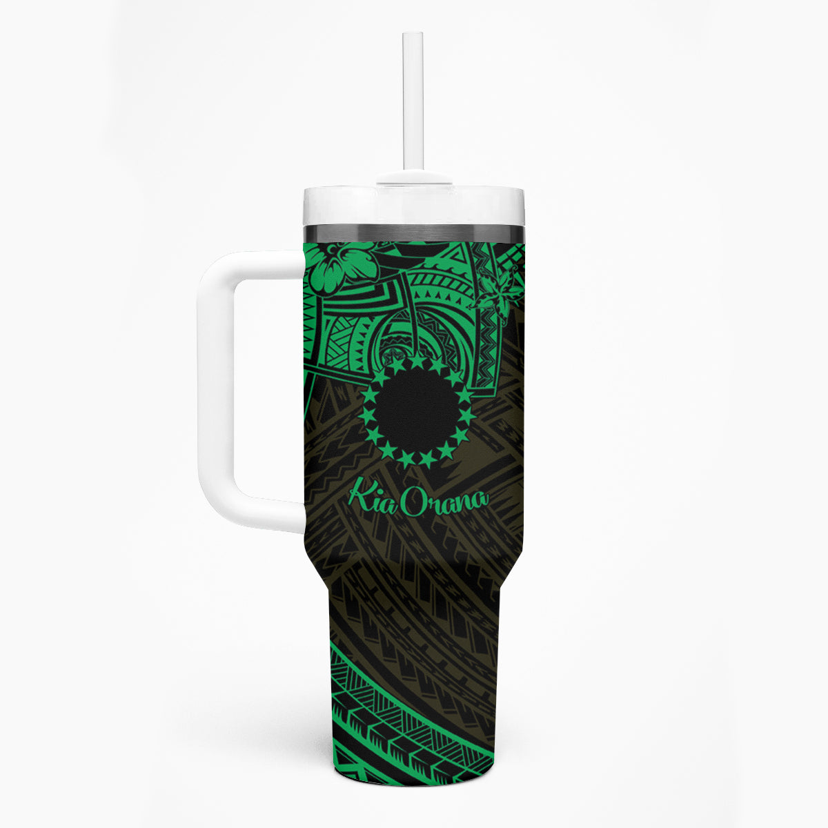 Kia Orana Cook Islands Tumbler With Handle Circle Stars With Floral Green Pattern LT01 - Polynesian Pride