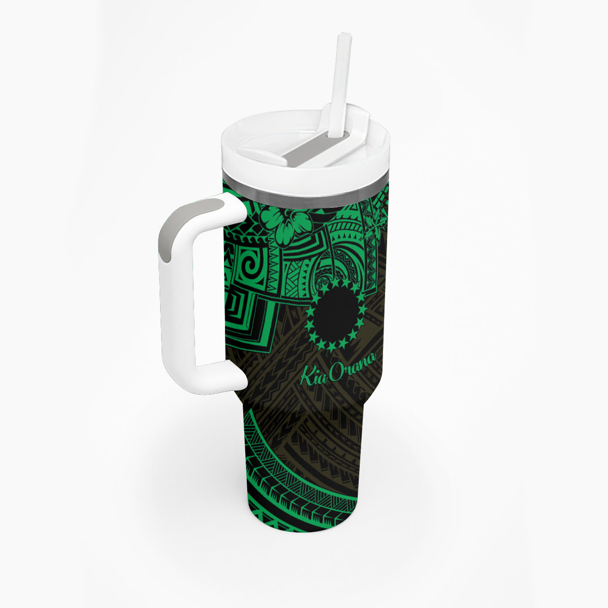 Kia Orana Cook Islands Tumbler With Handle Circle Stars With Floral Green Pattern LT01 - Polynesian Pride