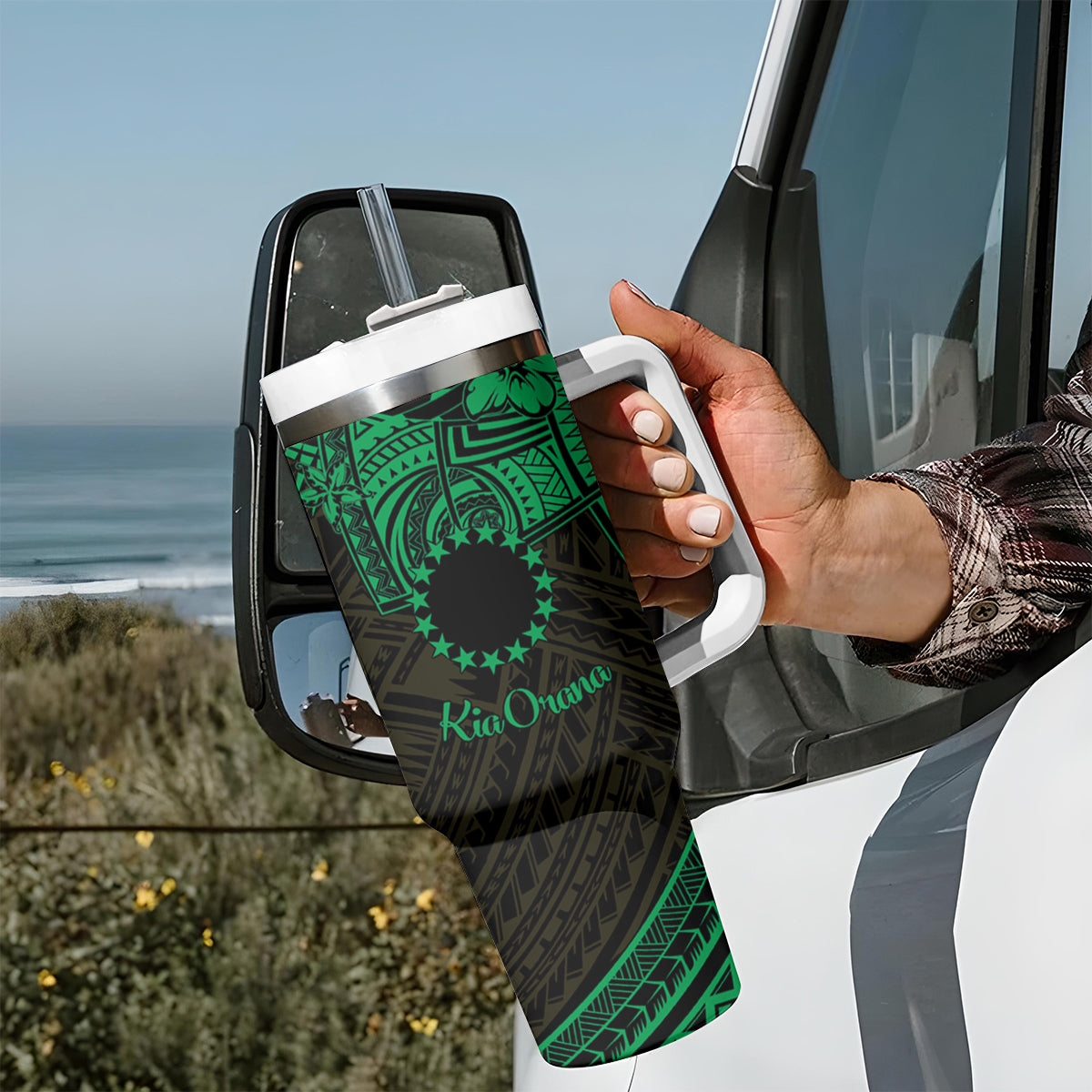 Kia Orana Cook Islands Tumbler With Handle Circle Stars With Floral Green Pattern LT01 - Polynesian Pride