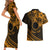 Kia Orana Cook Islands Couples Matching Short Sleeve Bodycon Dress and Hawaiian Shirt Circle Stars With Floral Gold Pattern LT01 - Polynesian Pride