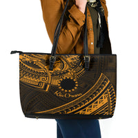 Kia Orana Cook Islands Leather Tote Bag Circle Stars With Floral Gold Pattern LT01 - Polynesian Pride