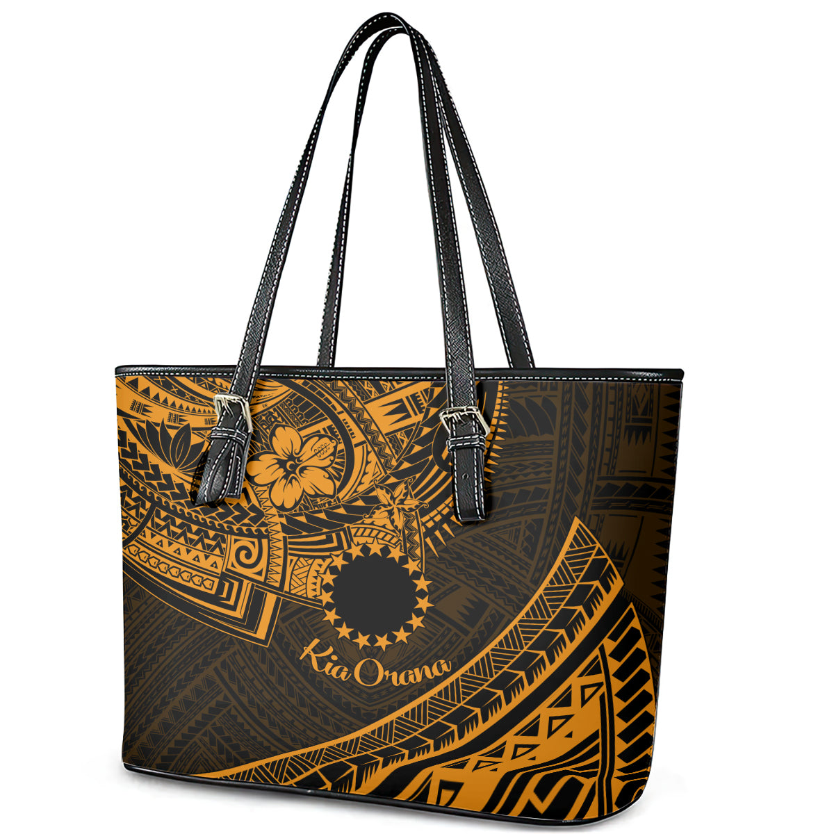 Kia Orana Cook Islands Leather Tote Bag Circle Stars With Floral Gold Pattern LT01 - Polynesian Pride