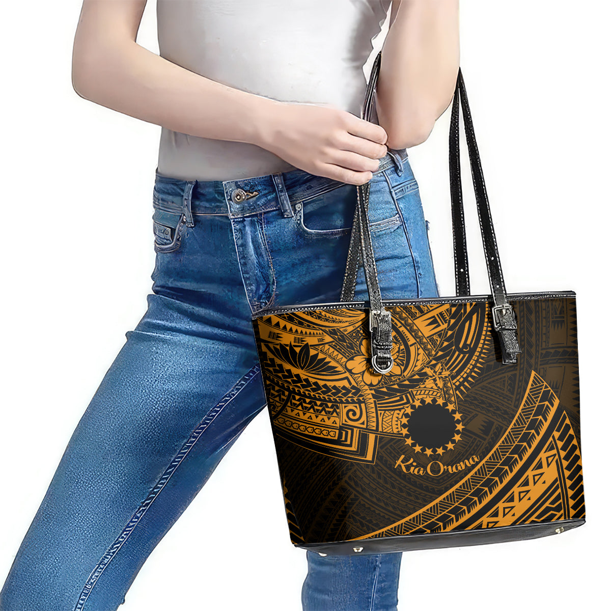 Kia Orana Cook Islands Leather Tote Bag Circle Stars With Floral Gold Pattern LT01 - Polynesian Pride