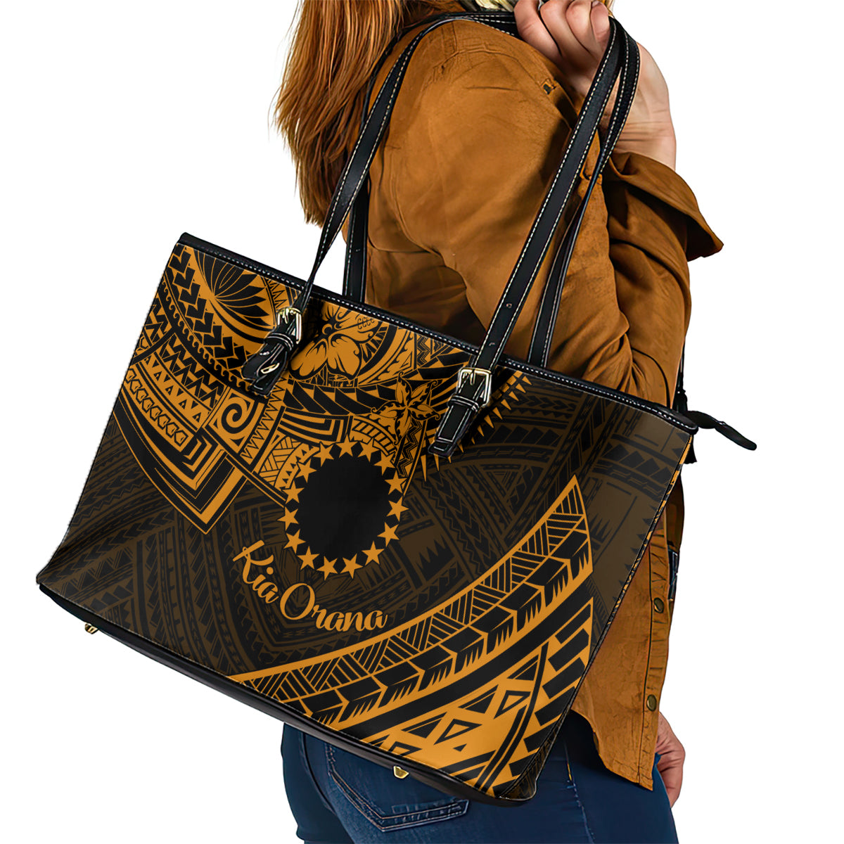 Kia Orana Cook Islands Leather Tote Bag Circle Stars With Floral Gold Pattern LT01 - Polynesian Pride