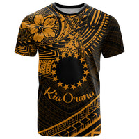 Kia Orana Cook Islands T Shirt Circle Stars With Floral Gold Pattern LT01 Gold - Polynesian Pride