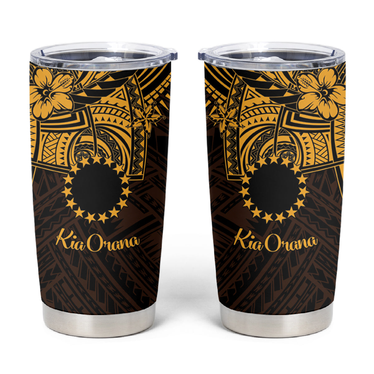 Kia Orana Cook Islands Tumbler Cup Circle Stars With Floral Gold Pattern LT01 Gold - Polynesian Pride