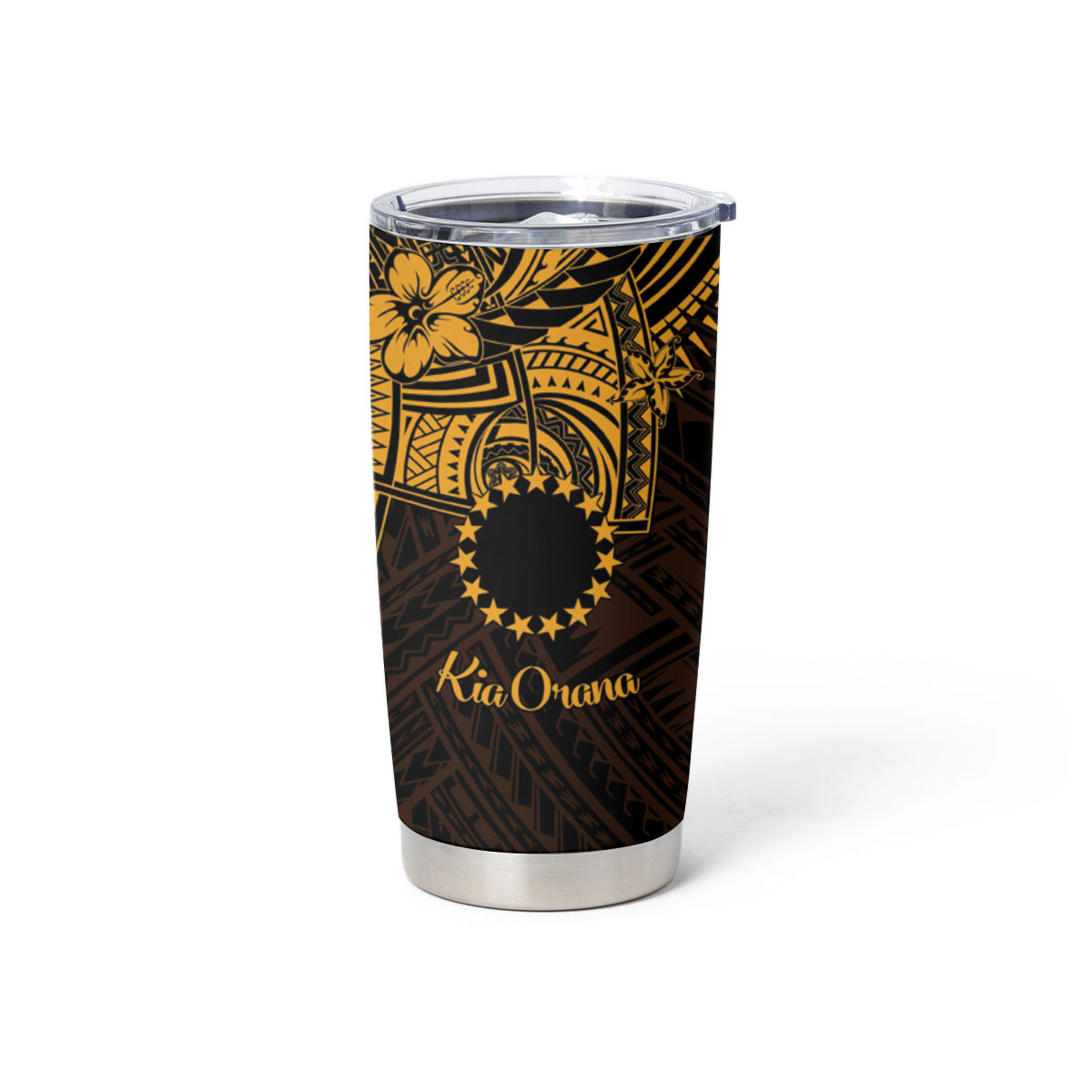 Kia Orana Cook Islands Tumbler Cup Circle Stars With Floral Gold Pattern LT01 - Polynesian Pride