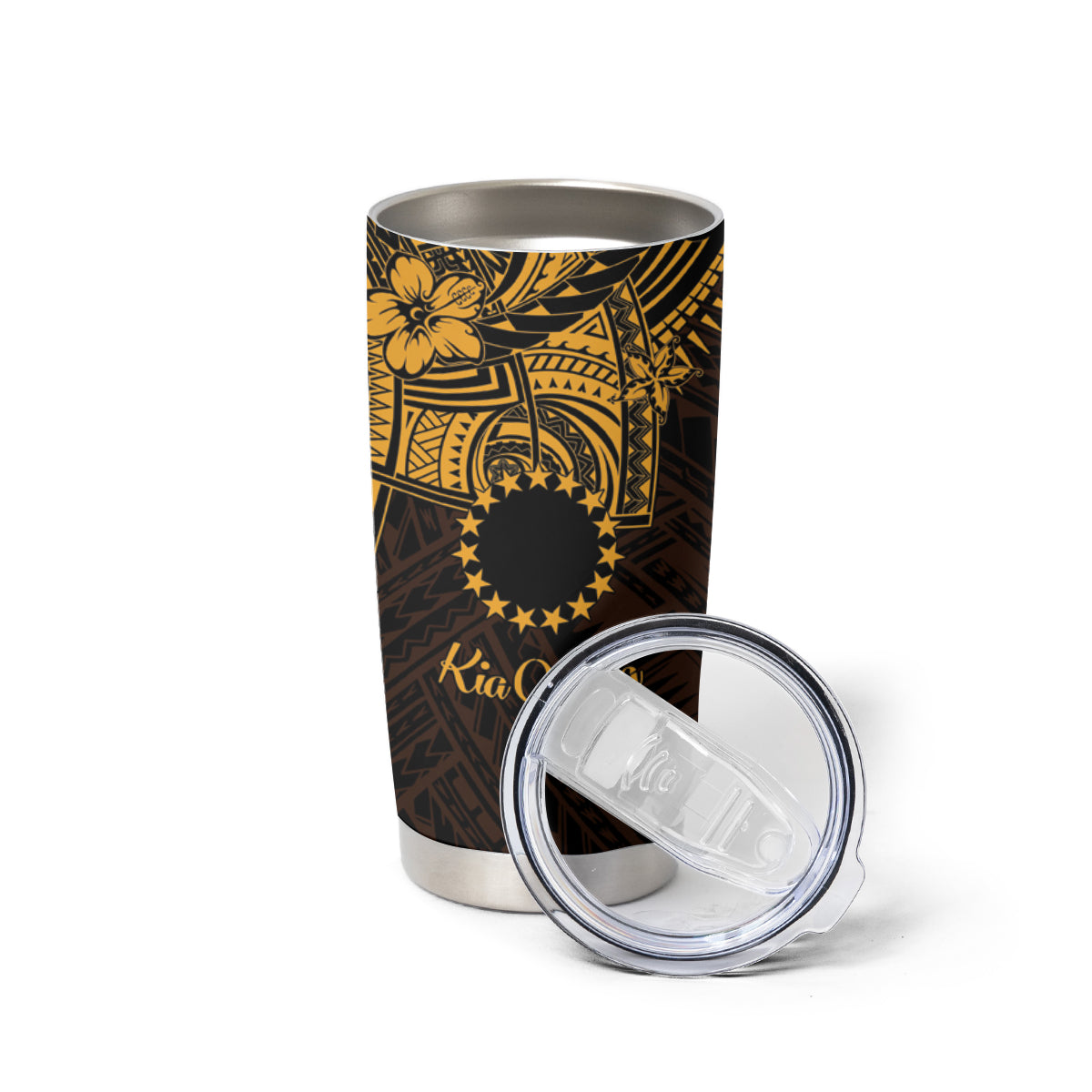 Kia Orana Cook Islands Tumbler Cup Circle Stars With Floral Gold Pattern LT01 - Polynesian Pride