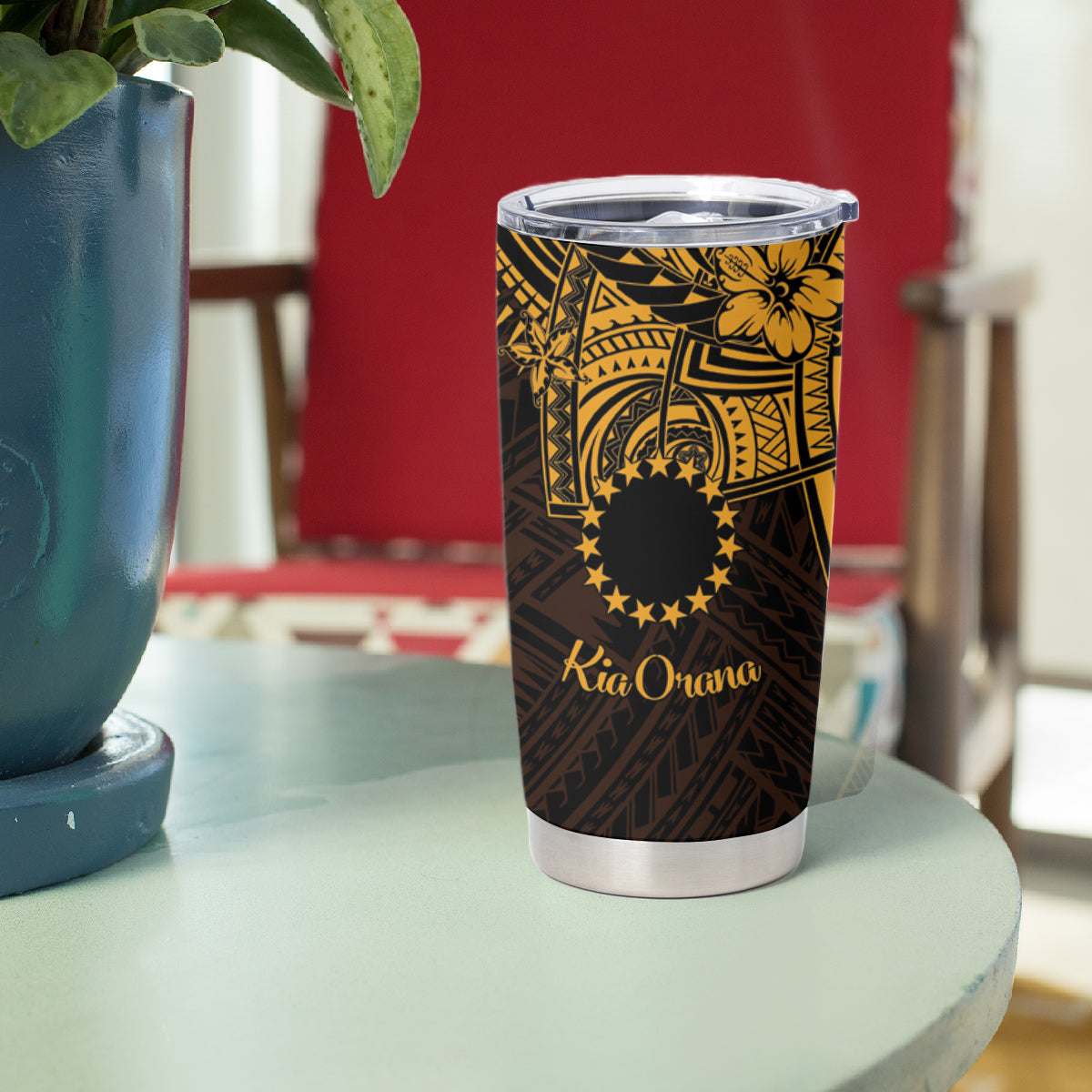 Kia Orana Cook Islands Tumbler Cup Circle Stars With Floral Gold Pattern LT01 - Polynesian Pride