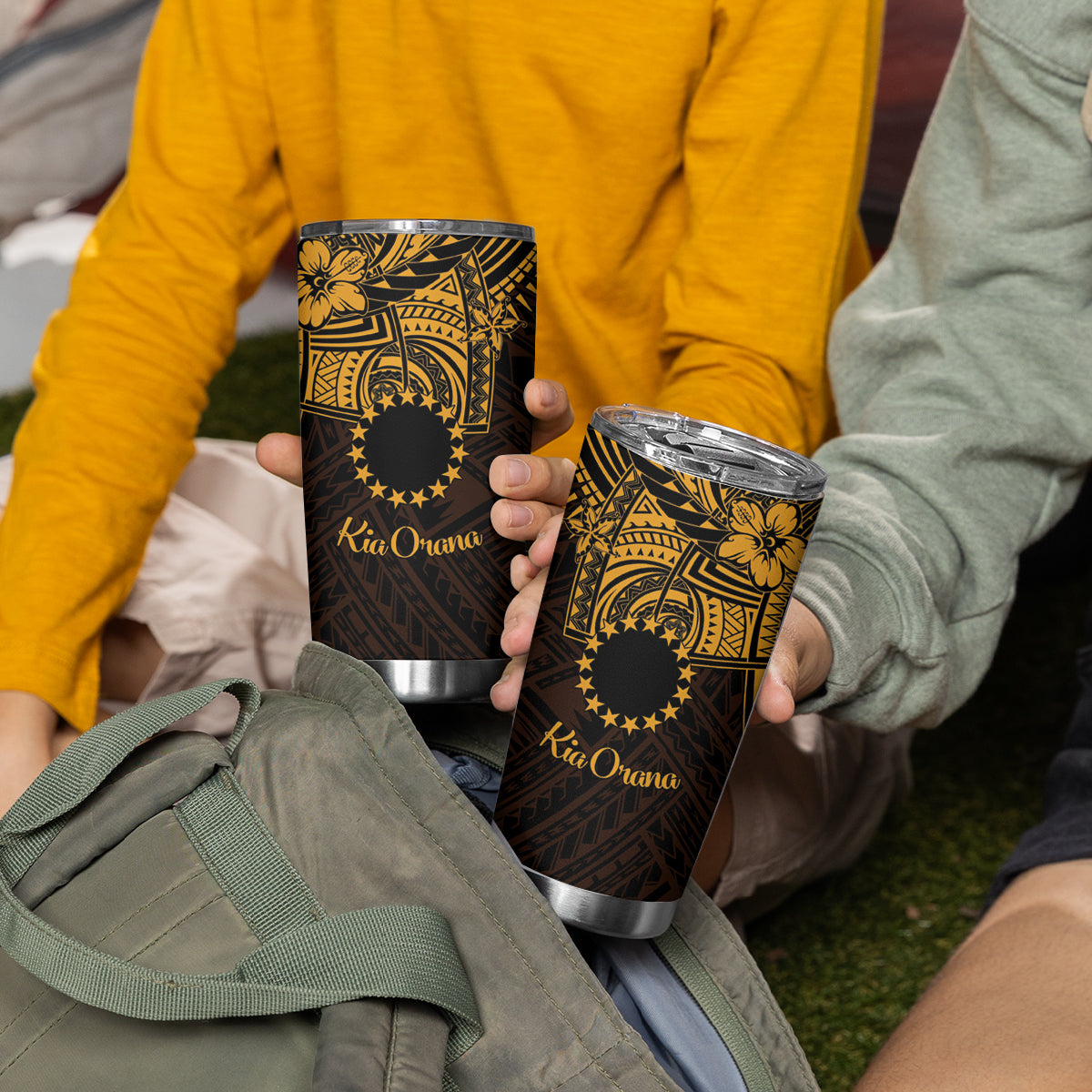 Kia Orana Cook Islands Tumbler Cup Circle Stars With Floral Gold Pattern LT01 - Polynesian Pride