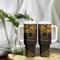 Kia Orana Cook Islands Tumbler With Handle Circle Stars With Floral Gold Pattern LT01 - Polynesian Pride