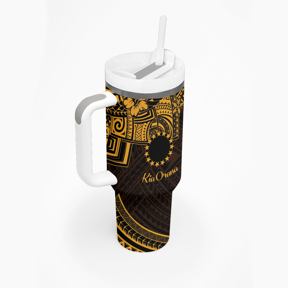 Kia Orana Cook Islands Tumbler With Handle Circle Stars With Floral Gold Pattern LT01 - Polynesian Pride