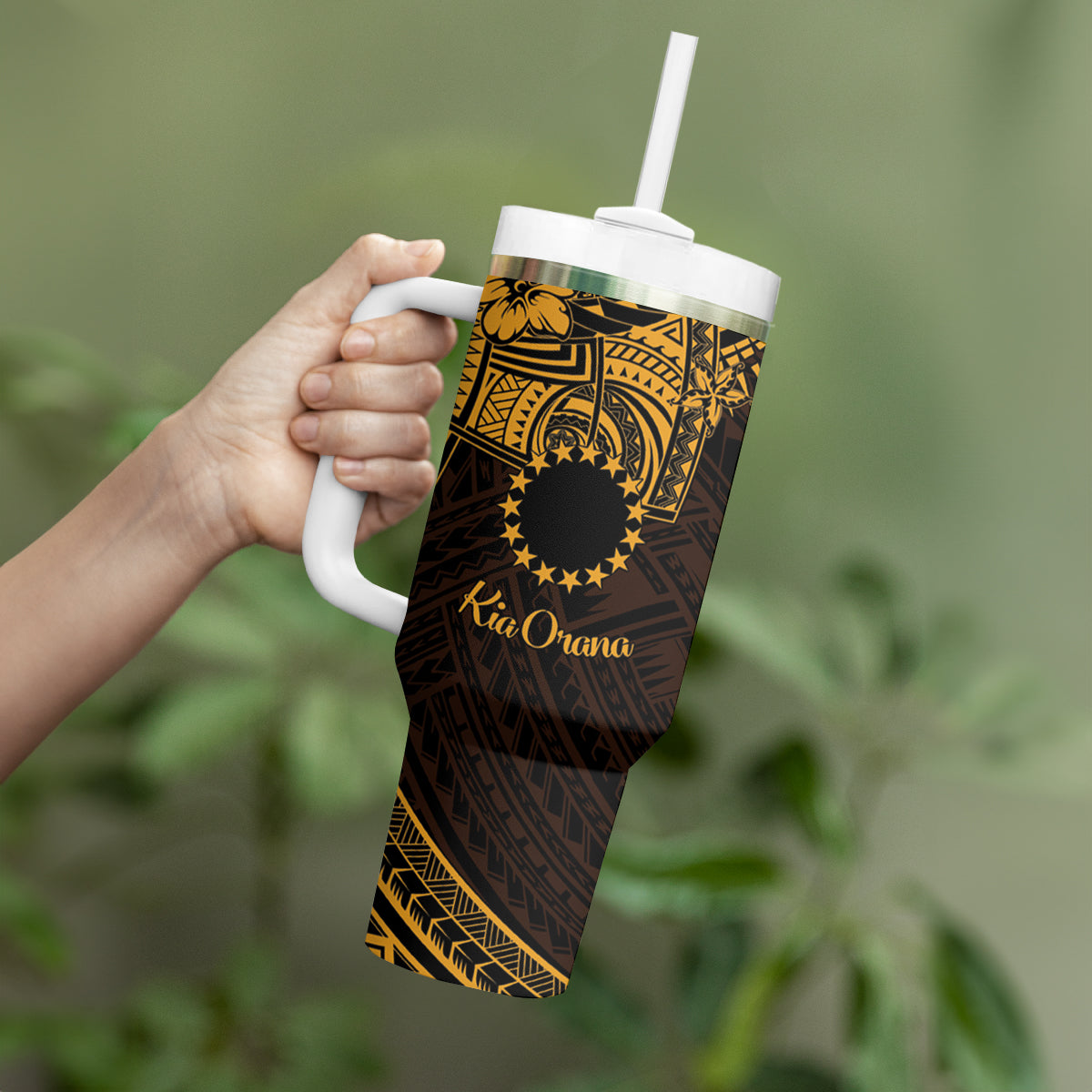 Kia Orana Cook Islands Tumbler With Handle Circle Stars With Floral Gold Pattern LT01 - Polynesian Pride