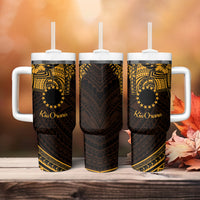 Kia Orana Cook Islands Tumbler With Handle Circle Stars With Floral Gold Pattern LT01 - Polynesian Pride