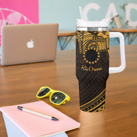 Kia Orana Cook Islands Tumbler With Handle Circle Stars With Floral Gold Pattern LT01 - Polynesian Pride