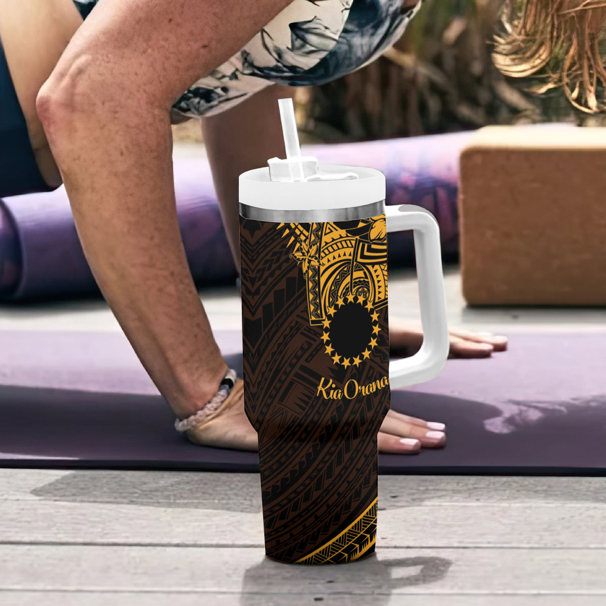 Kia Orana Cook Islands Tumbler With Handle Circle Stars With Floral Gold Pattern LT01 - Polynesian Pride