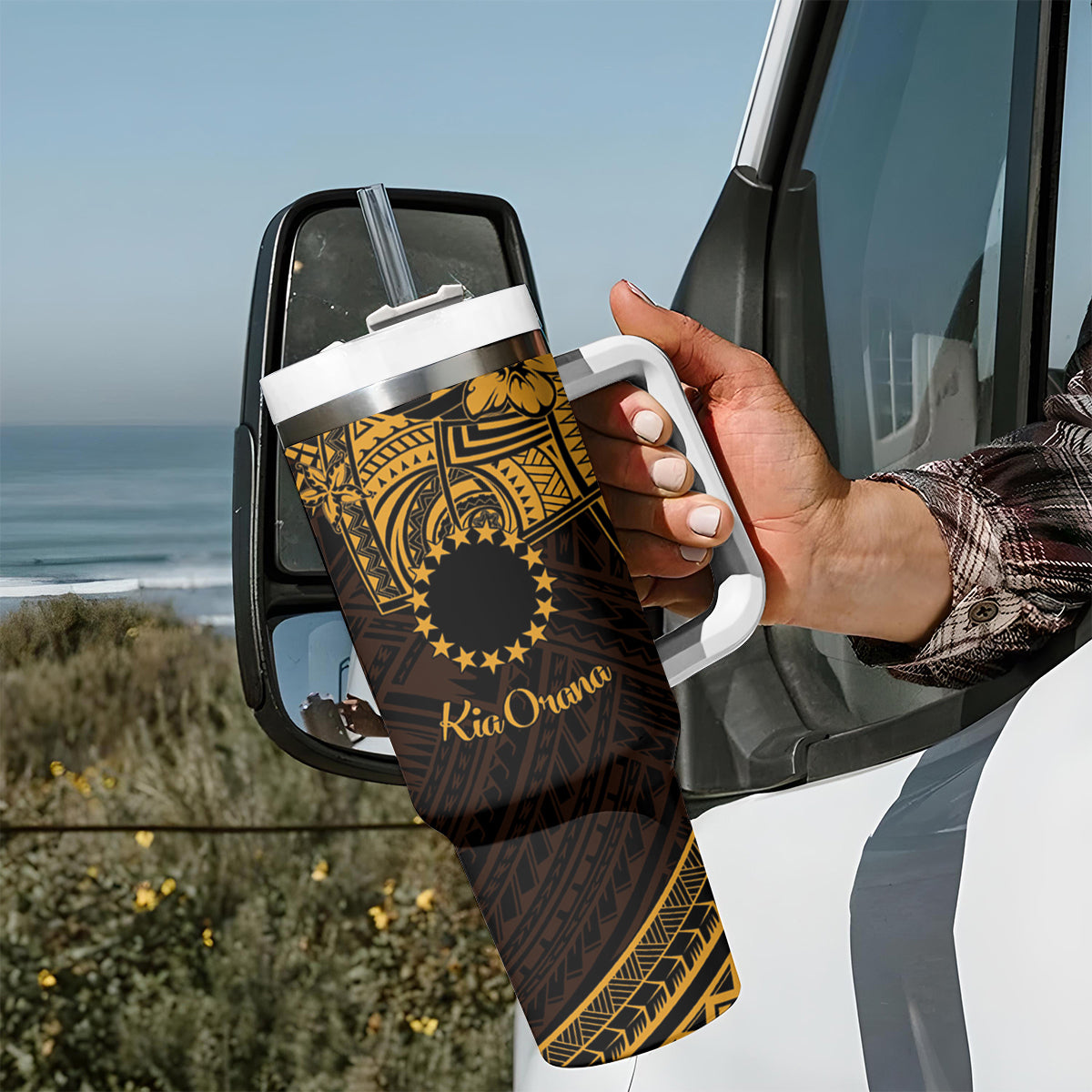 Kia Orana Cook Islands Tumbler With Handle Circle Stars With Floral Gold Pattern LT01 - Polynesian Pride