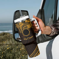 Kia Orana Cook Islands Tumbler With Handle Circle Stars With Floral Gold Pattern LT01 - Polynesian Pride