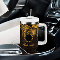 Kia Orana Cook Islands Tumbler With Handle Circle Stars With Floral Gold Pattern LT01 - Polynesian Pride