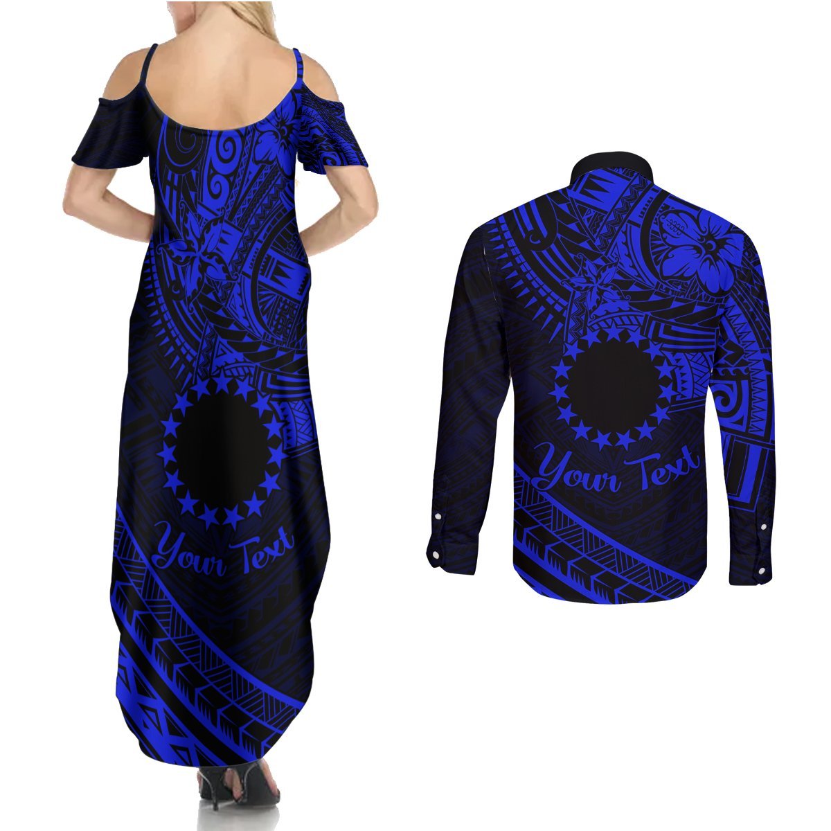Kia Orana Cook Islands Couples Matching Summer Maxi Dress and Long Sleeve Button Shirt Circle Stars With Floral Navy Blue Pattern LT01 - Polynesian Pride
