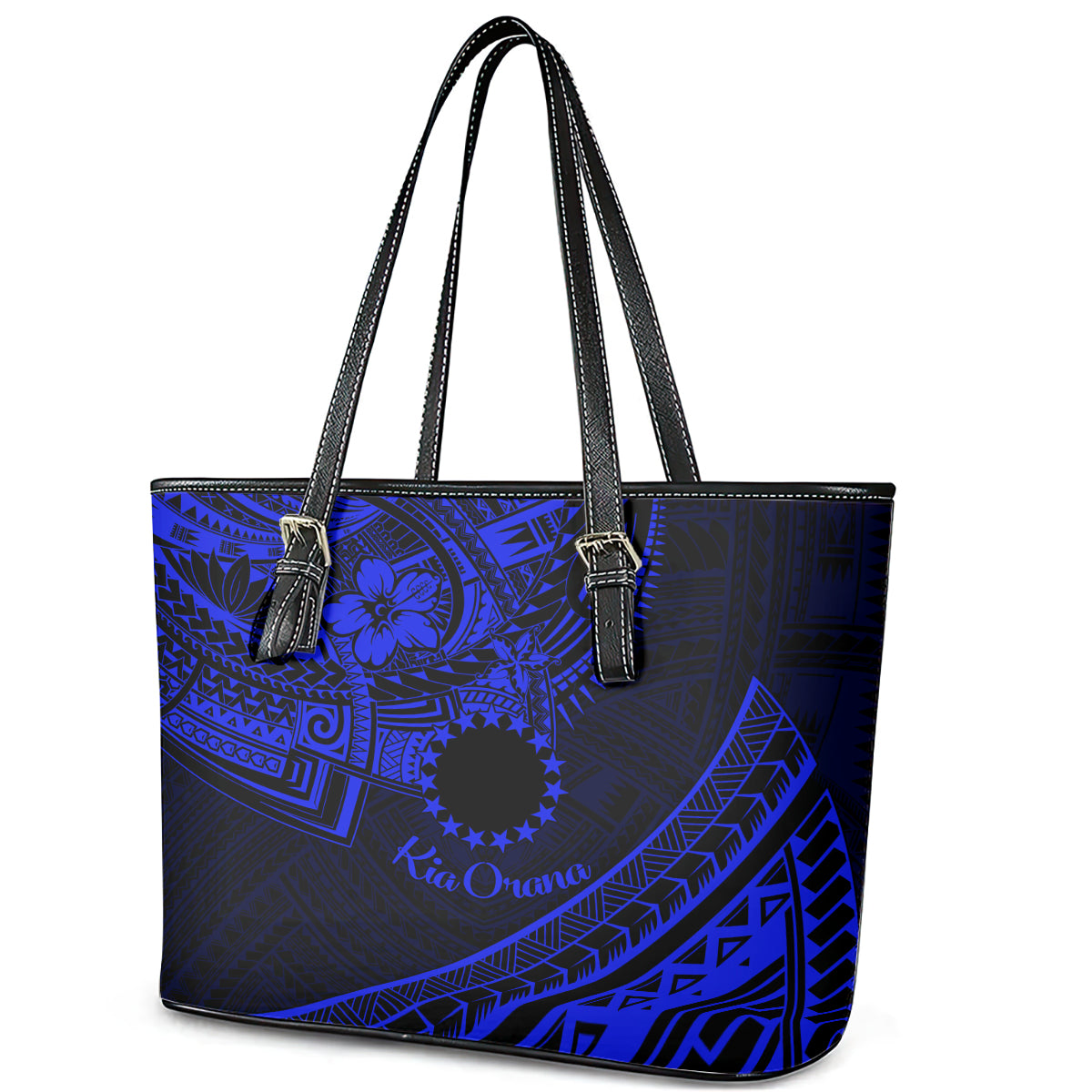 Kia Orana Cook Islands Leather Tote Bag Circle Stars With Floral Navy Blue Pattern LT01 - Polynesian Pride