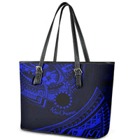 Kia Orana Cook Islands Leather Tote Bag Circle Stars With Floral Navy Blue Pattern LT01 - Polynesian Pride