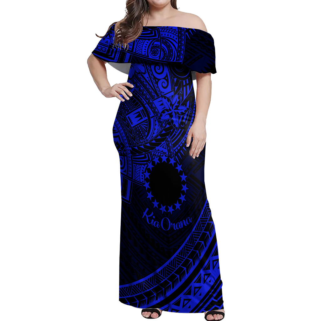 Kia Orana Cook Islands Off Shoulder Maxi Dress Circle Stars With Floral Navy Blue Pattern LT01 Women Blue - Polynesian Pride