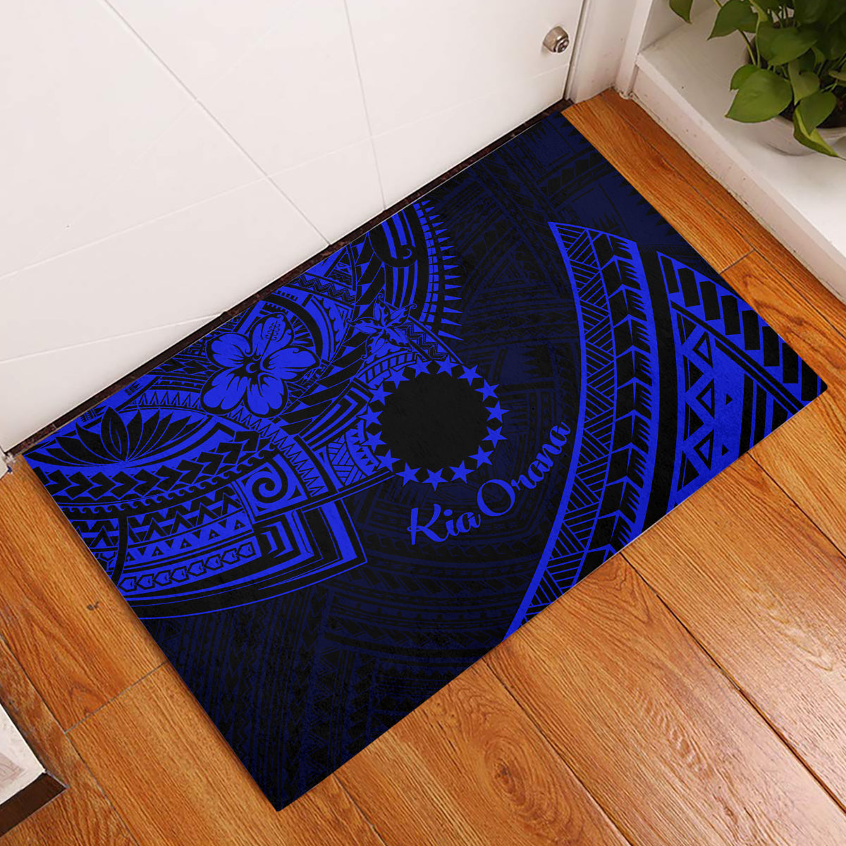 Kia Orana Cook Islands Rubber Doormat Circle Stars With Floral Navy Blue Pattern LT01 Blue - Polynesian Pride
