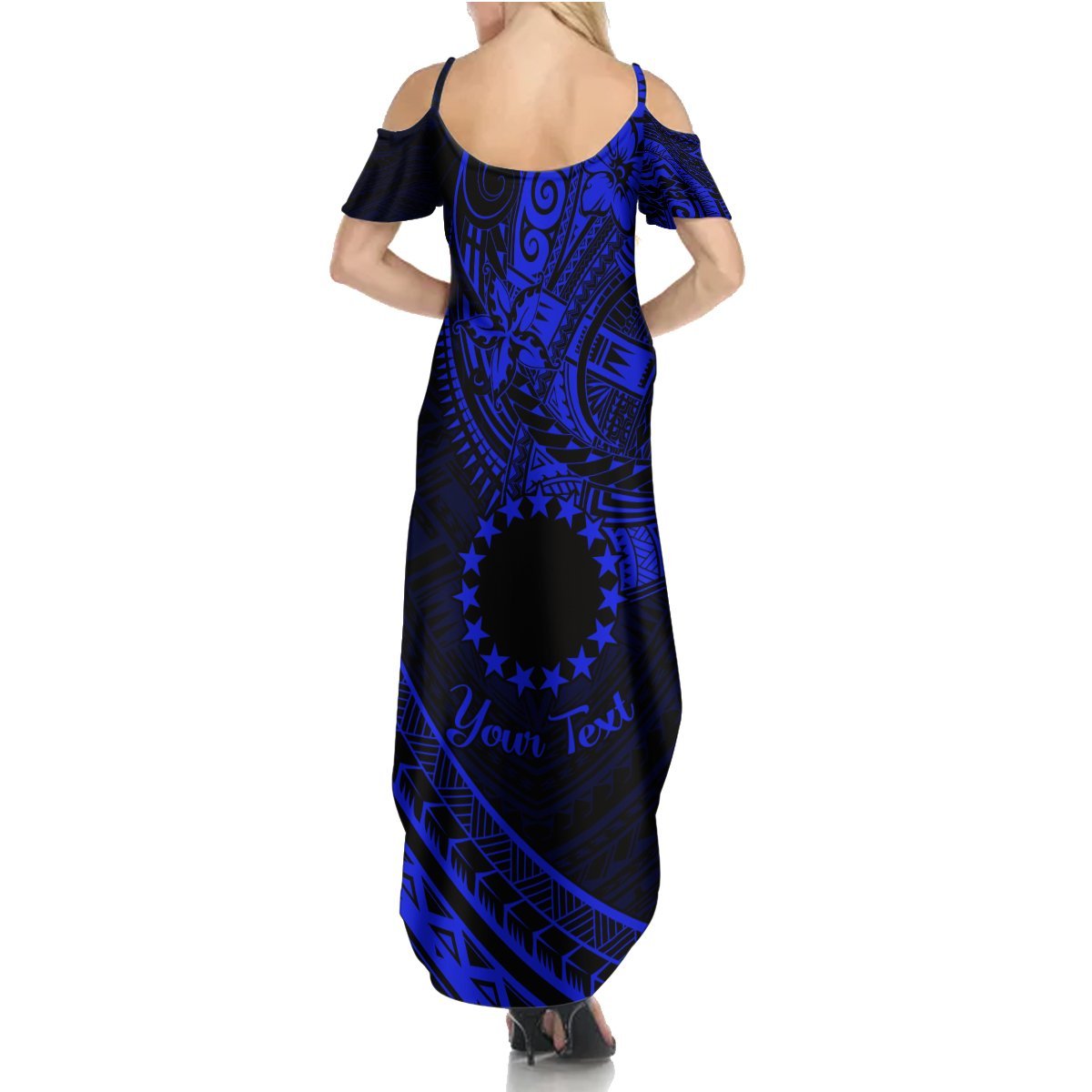 Kia Orana Cook Islands Summer Maxi Dress Circle Stars With Floral Navy Blue Pattern LT01 - Polynesian Pride