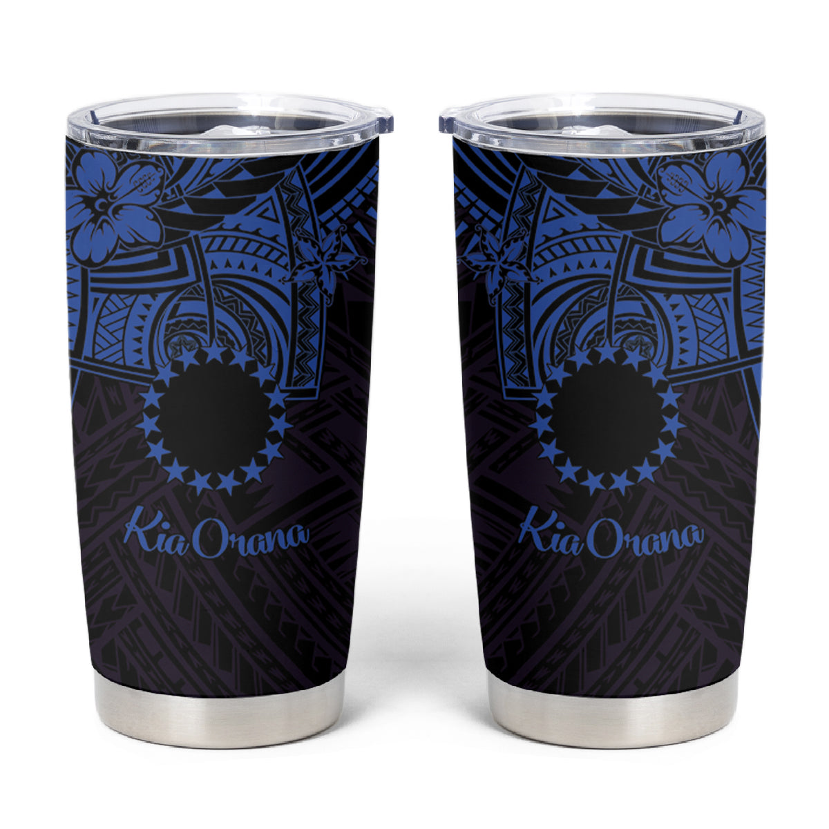 Kia Orana Cook Islands Tumbler Cup Circle Stars With Floral Navy Blue Pattern LT01 Blue - Polynesian Pride