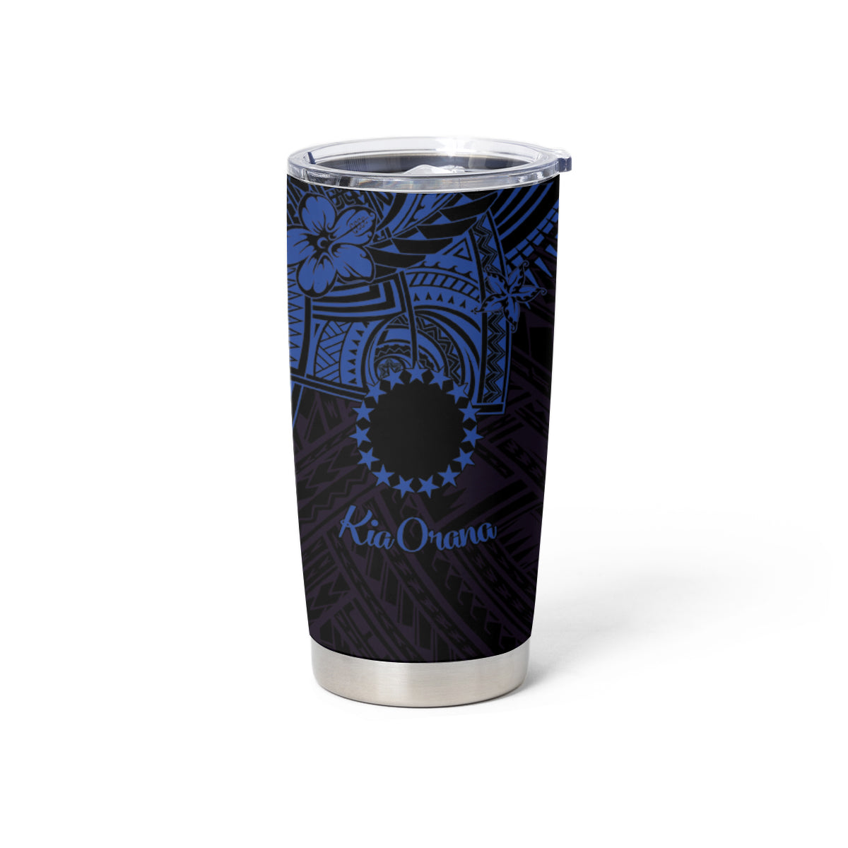 Kia Orana Cook Islands Tumbler Cup Circle Stars With Floral Navy Blue Pattern LT01 - Polynesian Pride
