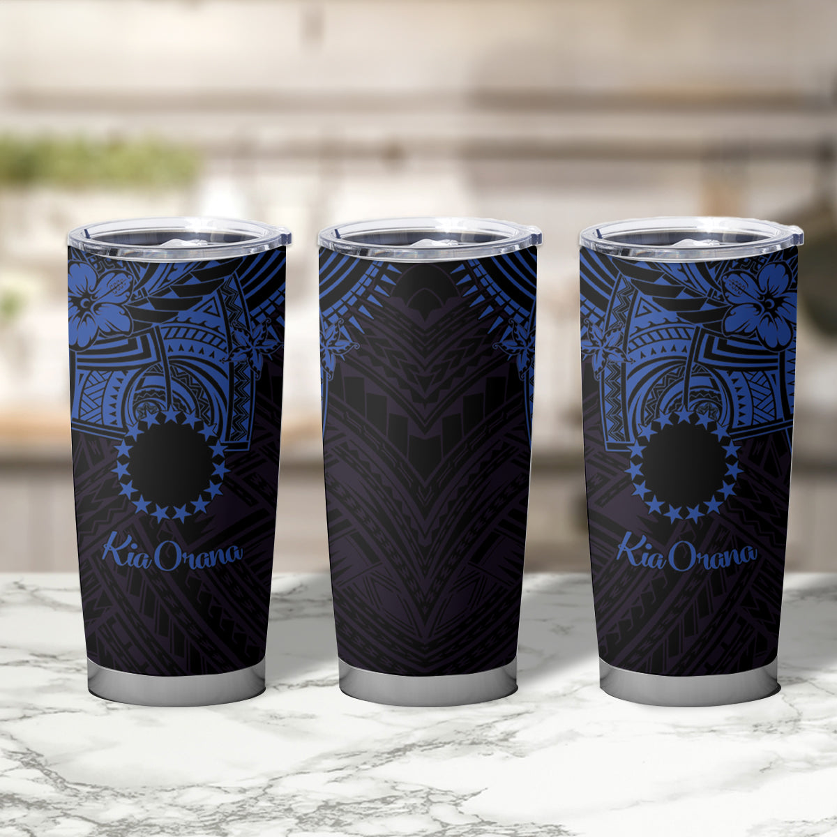 Kia Orana Cook Islands Tumbler Cup Circle Stars With Floral Navy Blue Pattern LT01 - Polynesian Pride