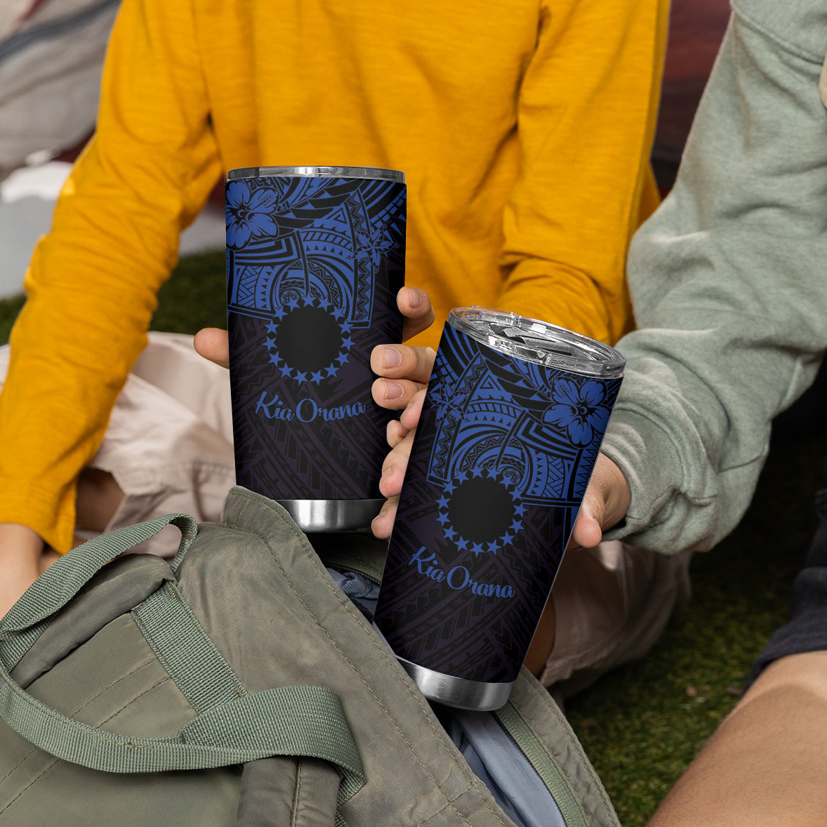 Kia Orana Cook Islands Tumbler Cup Circle Stars With Floral Navy Blue Pattern LT01 - Polynesian Pride