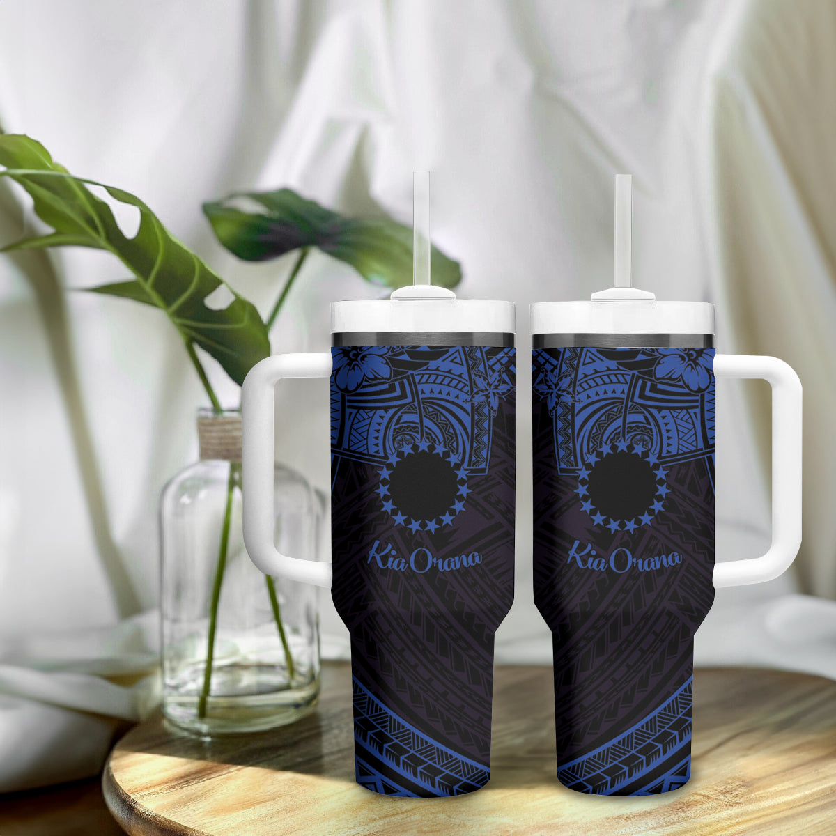 Kia Orana Cook Islands Tumbler With Handle Circle Stars With Floral Navy Blue Pattern LT01 - Polynesian Pride
