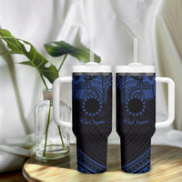 Kia Orana Cook Islands Tumbler With Handle Circle Stars With Floral Navy Blue Pattern LT01 - Polynesian Pride