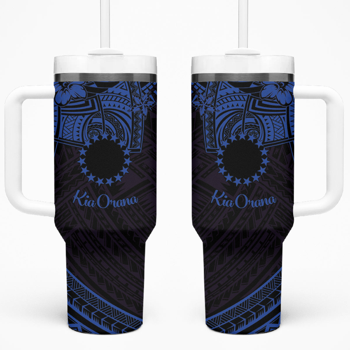 Kia Orana Cook Islands Tumbler With Handle Circle Stars With Floral Navy Blue Pattern LT01 One Size: 40 oz Blue - Polynesian Pride