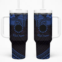 Kia Orana Cook Islands Tumbler With Handle Circle Stars With Floral Navy Blue Pattern LT01 One Size: 40 oz Blue - Polynesian Pride