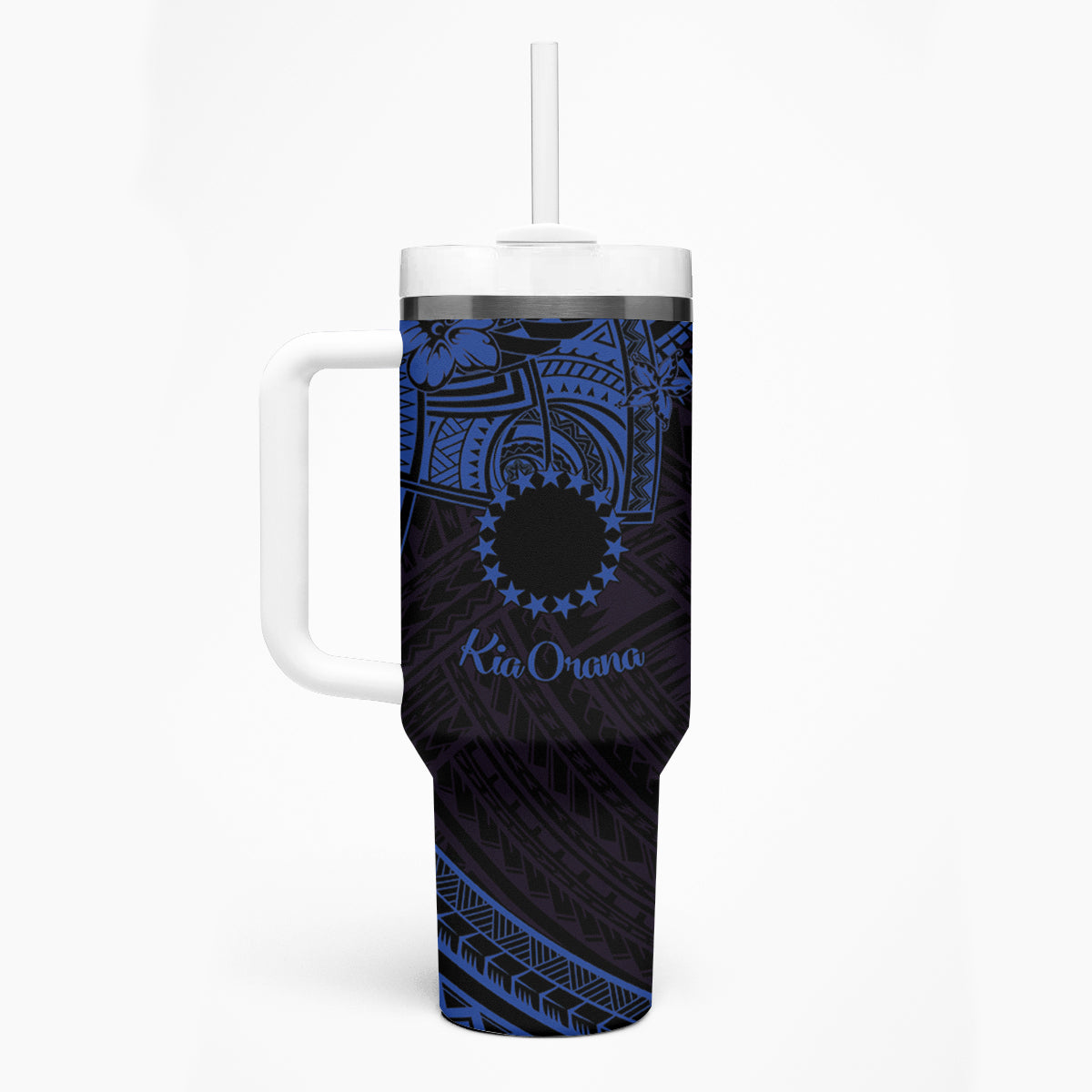 Kia Orana Cook Islands Tumbler With Handle Circle Stars With Floral Navy Blue Pattern LT01 - Polynesian Pride