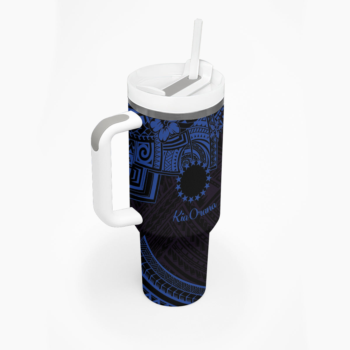 Kia Orana Cook Islands Tumbler With Handle Circle Stars With Floral Navy Blue Pattern LT01 - Polynesian Pride