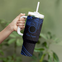 Kia Orana Cook Islands Tumbler With Handle Circle Stars With Floral Navy Blue Pattern LT01 - Polynesian Pride