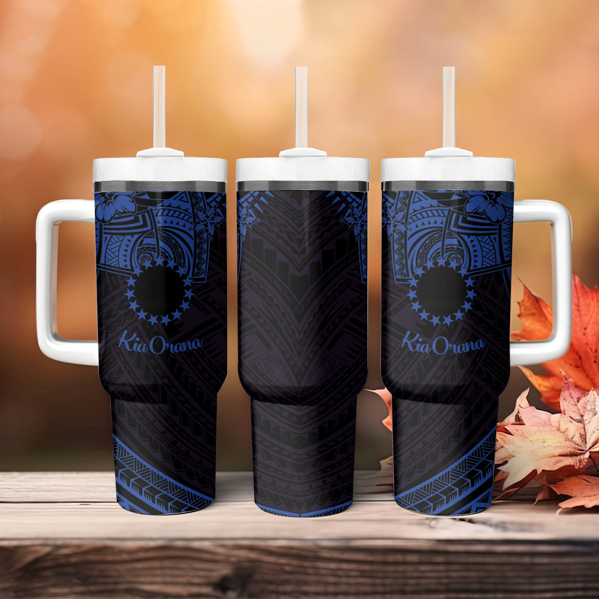 Kia Orana Cook Islands Tumbler With Handle Circle Stars With Floral Navy Blue Pattern LT01 - Polynesian Pride