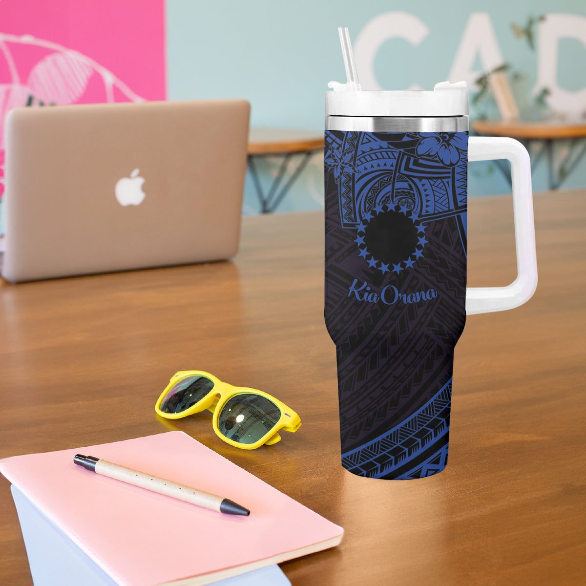 Kia Orana Cook Islands Tumbler With Handle Circle Stars With Floral Navy Blue Pattern LT01 - Polynesian Pride