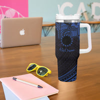 Kia Orana Cook Islands Tumbler With Handle Circle Stars With Floral Navy Blue Pattern LT01 - Polynesian Pride