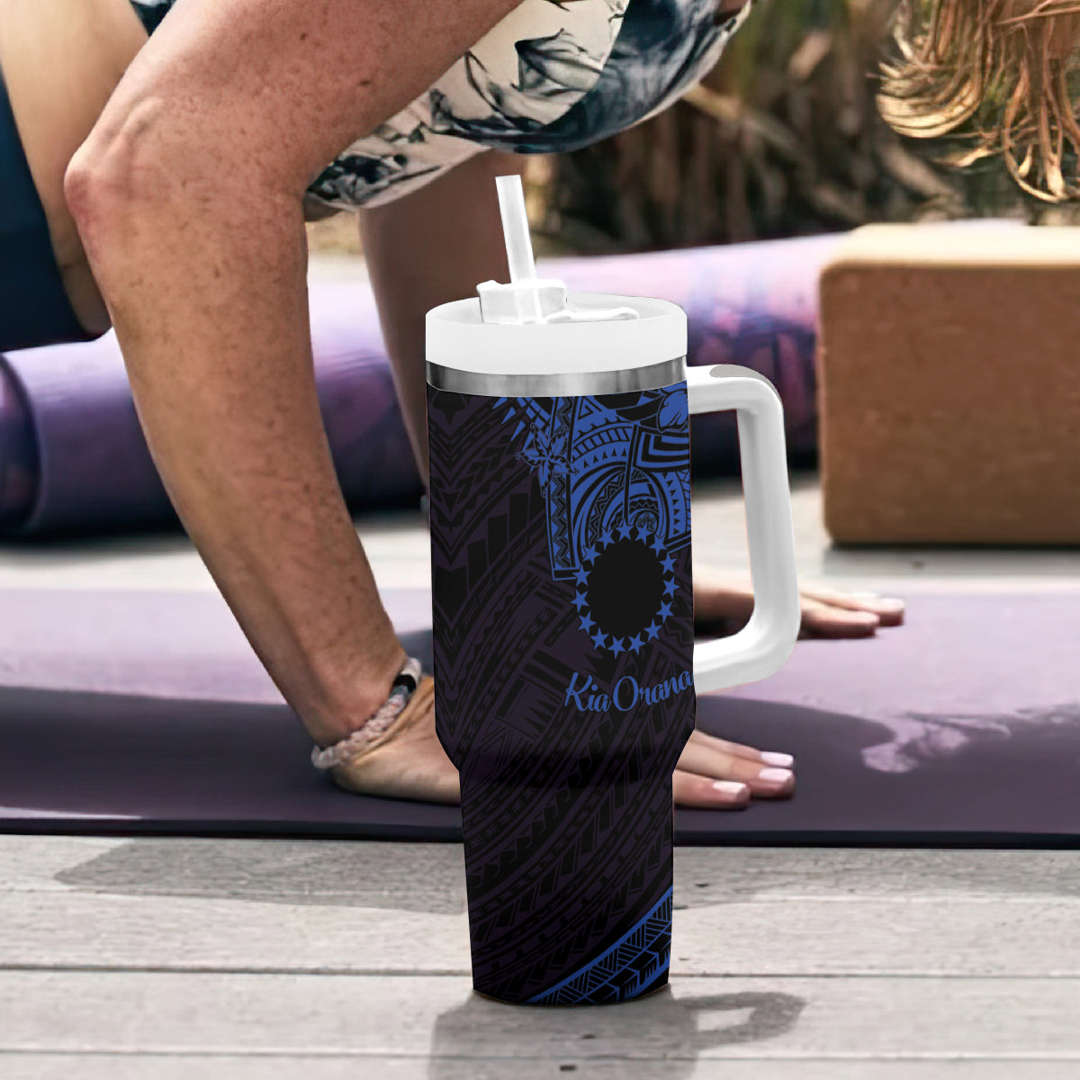 Kia Orana Cook Islands Tumbler With Handle Circle Stars With Floral Navy Blue Pattern LT01 - Polynesian Pride