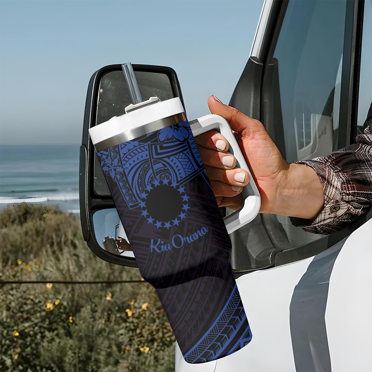 Kia Orana Cook Islands Tumbler With Handle Circle Stars With Floral Navy Blue Pattern LT01 - Polynesian Pride