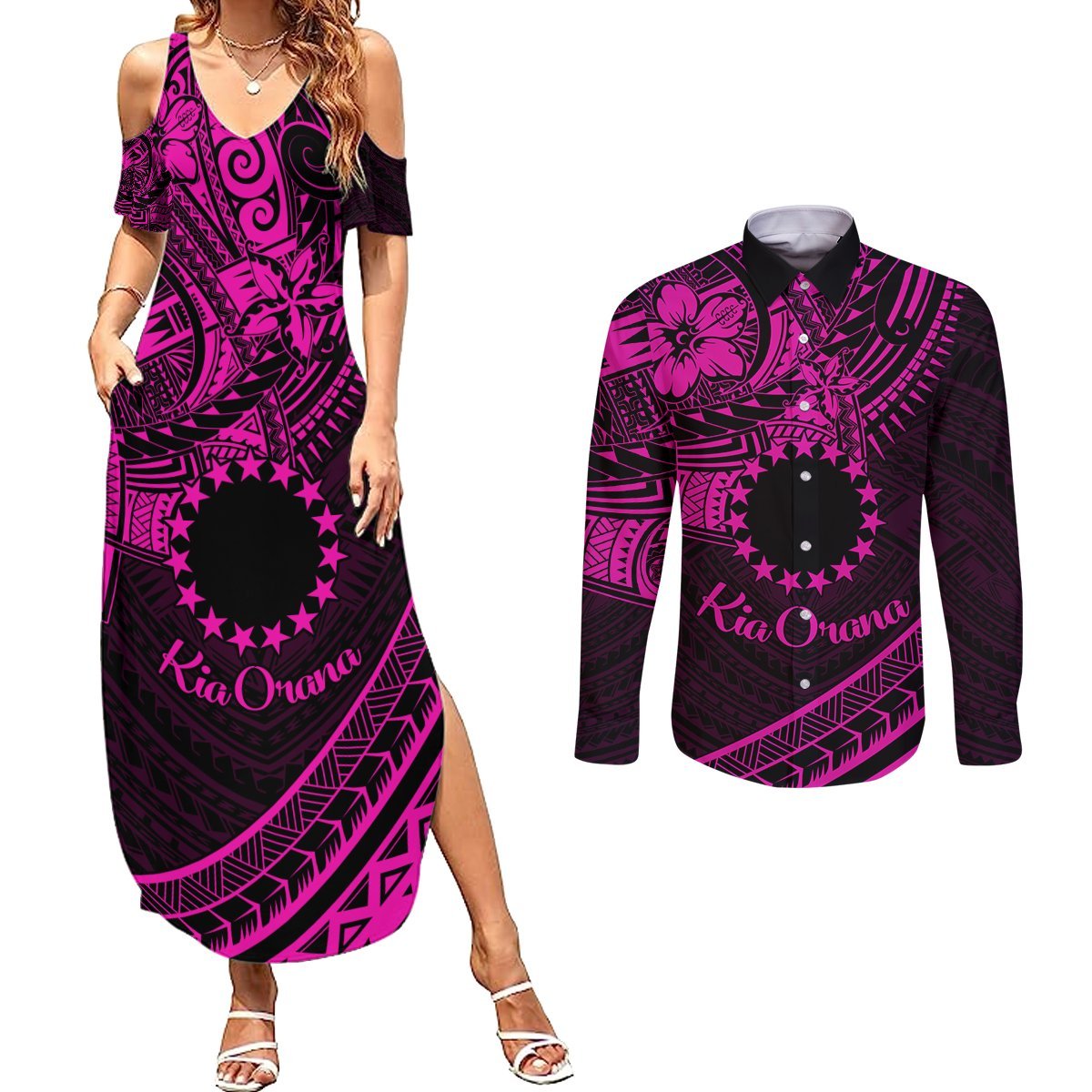 Kia Orana Cook Islands Couples Matching Summer Maxi Dress and Long Sleeve Button Shirt Circle Stars With Floral Pink Pattern LT01 Pink - Polynesian Pride